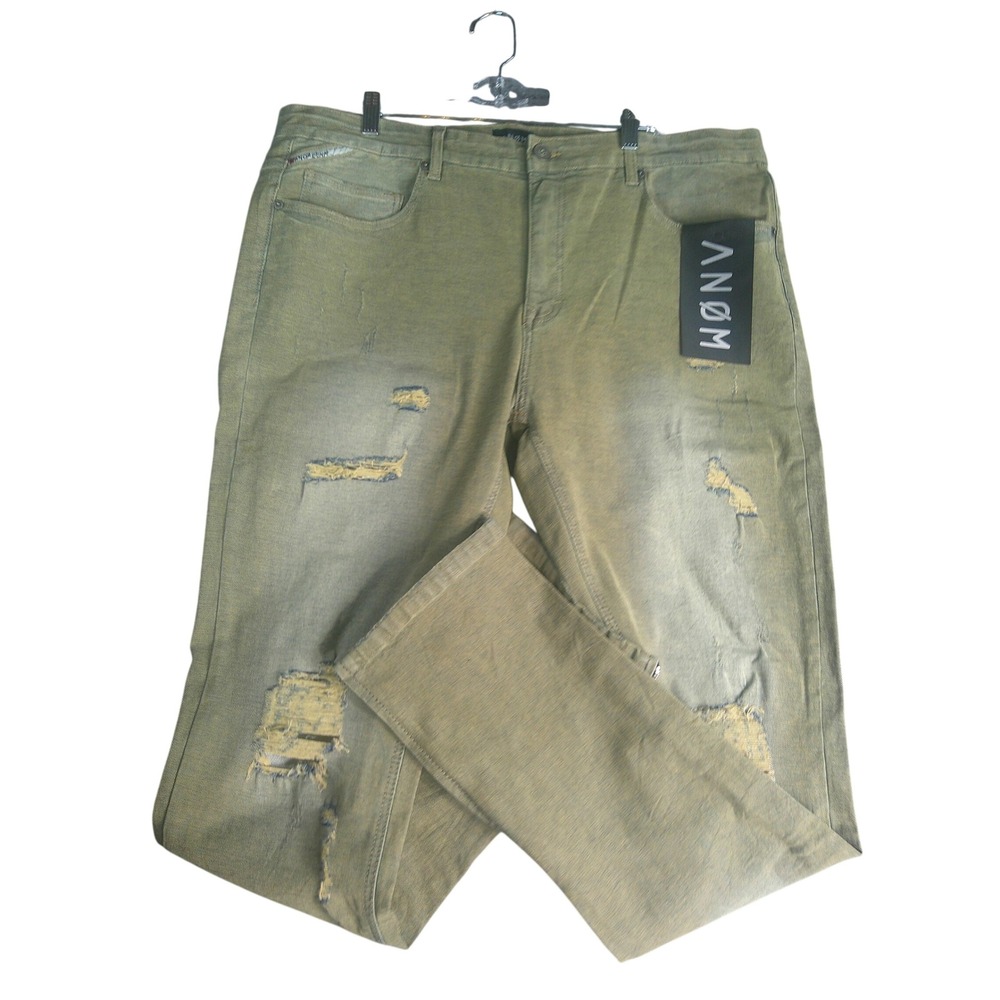 ANOM Men's Skinny Fit Distressed Olive Green Jeans Ankle Zip Ripped Size 42 NWT